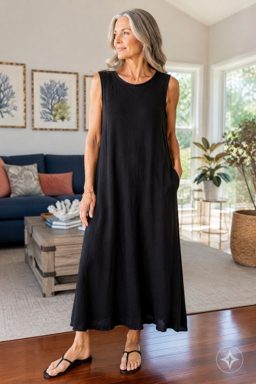 Eileen Fisher Black Sleeveless Midi Dress Italian Yarn Minimalist Quiet Luxury M